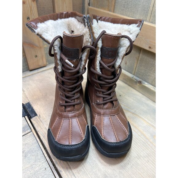 UGG US1 Youth Waterproof Brown Leather & Suede Winter Boots - Picture 4 of 8